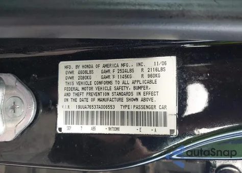 2007 Acura Tl Type S z USA, uszkodzony, nr VIN 19UUA76537A006553